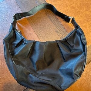 LANCEL Paris nylon shoulder bag with luxurious real leather accents. Black.